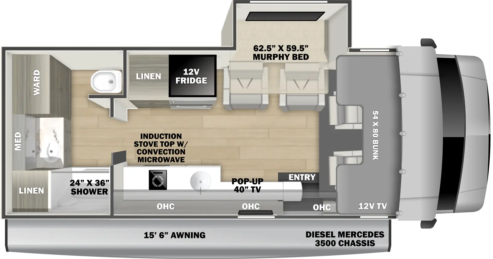 The Solera 24FSM floorplan has one entry and one slide out. Exterior features include: 15'6" awning. Interiors features include: murphy bed, rear bathroom and bunk over cab.